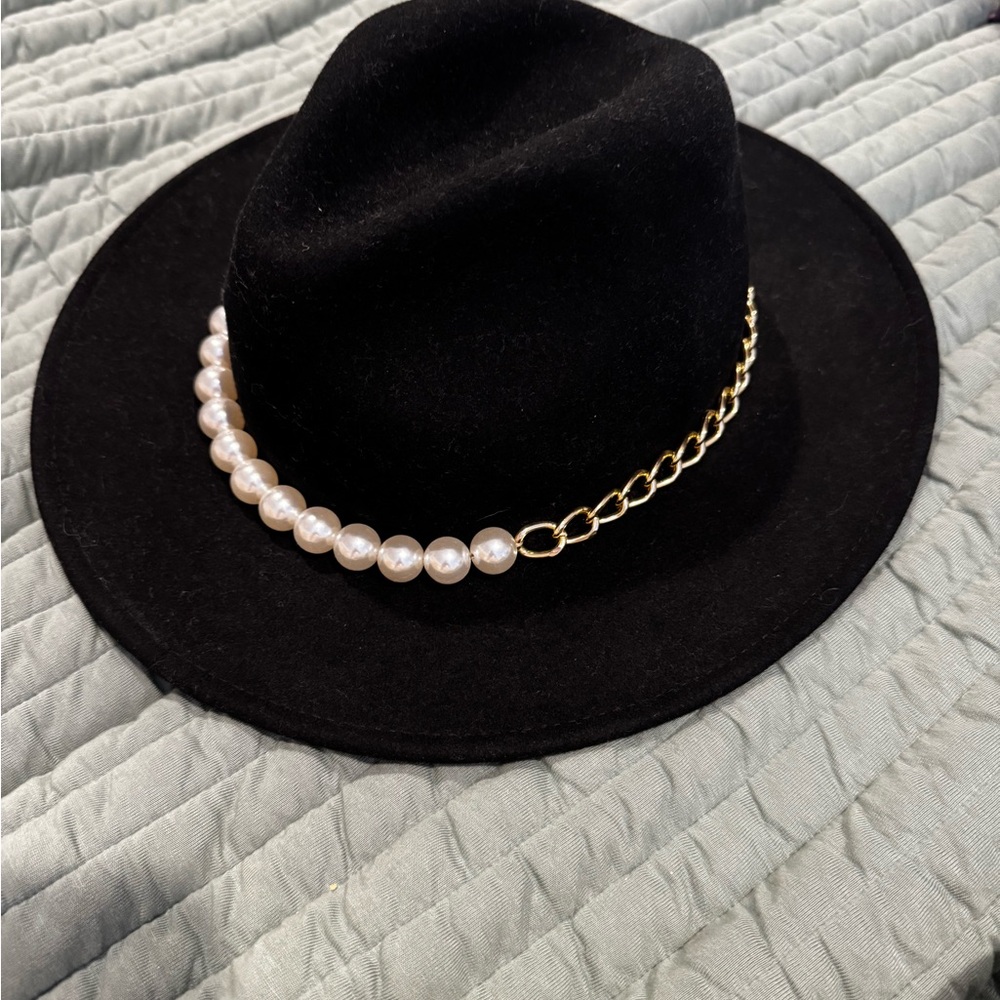 Eugenia Kim Sandra Black Hat with Pearl and Gold Chain